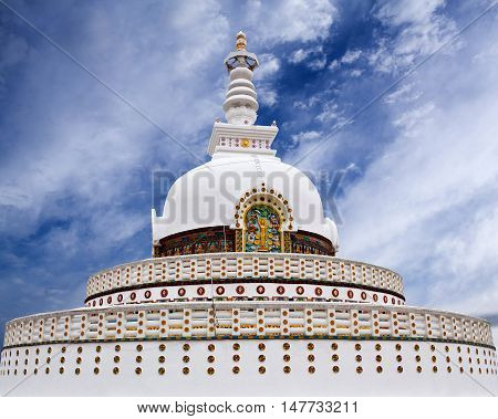 Shanti Stupa (Peace Pagoda) view on a hilltop in Chanspa in Leh, Jammu and Kashmir state, North India.