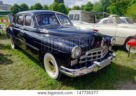 Kharkiv Ukraine - May 22 2016: Soviet retro car black GAZ-12 (ZIM) manufactured between 1949 and 1959 is presented at the festival of vintage cars Kharkiv Retro Rally - 2016 in Kharkiv Ukraine on May 22 2016