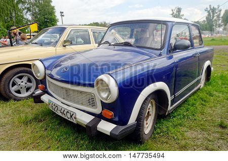 Kharkiv Ukraine - May 22 2016: Retro car blue Trabant 601S manufactured in 1967 is presented at the festival of vintage cars Kharkiv Retro Rally - 2016 in Kharkiv Ukraine on May 22 2016