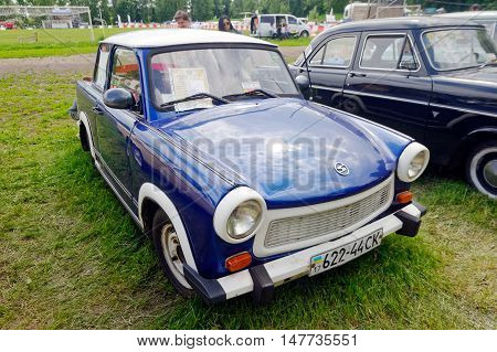 Kharkiv Ukraine - May 22 2016: Retro car blue Trabant 601S manufactured in 1967 is presented at the festival of vintage cars Kharkiv Retro Rally - 2016 in Kharkiv Ukraine on May 22 2016