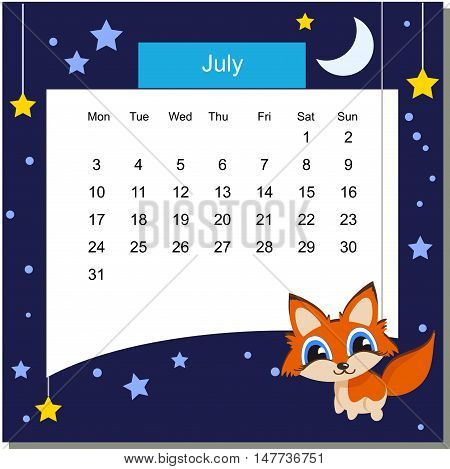 Frame with Fox. Frames with Cartoon Animals. Cartoon Fox. Frames are text ready. Calendar 2017. Vector Flat Design Template. July. Week Starts Monday