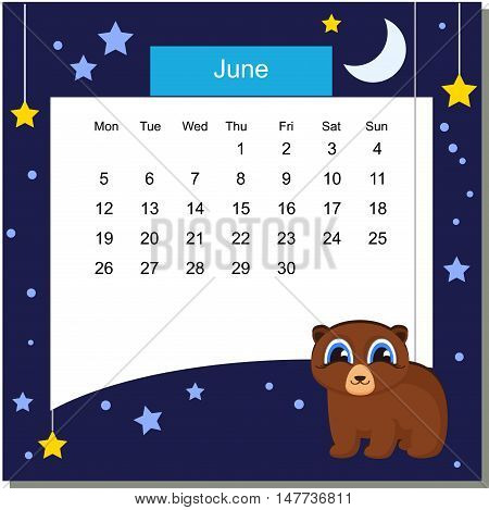 Frame with beer. Frames with Cartoon Animals. Cartoon beer. Frames are text ready. Calendar 2017. Vector Flat Design Template. June. Week Starts Monday