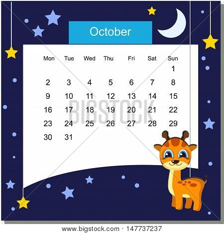 Frame with giraffe. Frames with Cartoon Animals. Cartoon owl. Frames are text ready. Calendar 2017. Vector Flat Design Template. October. Week Starts Monday