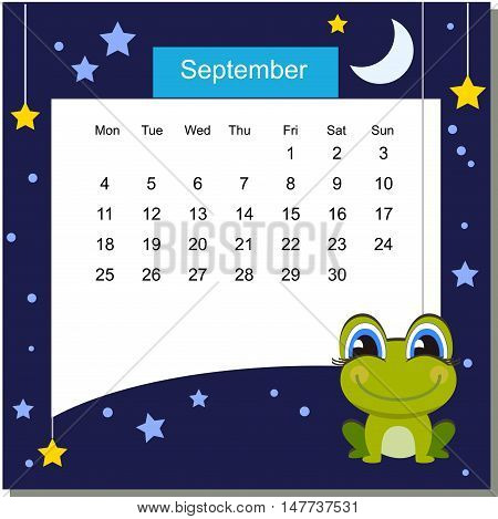 Frame with frog. Frames with Cartoon Animals. Cartoon frog. Frames are text ready. Calendar 2017. Vector Flat Design Template. September. Week Starts Monday
