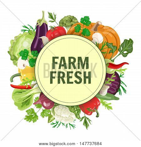Vector circle label or banner with fresh vegetables. Concept for vegan, organic, farm produsts.