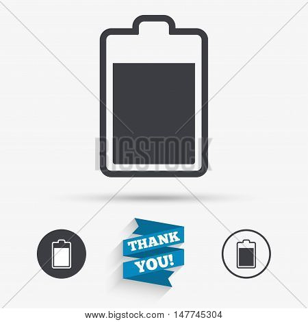 Battery level sign icon. Electricity symbol. Flat icons. Buttons with icons. Thank you ribbon. Vector