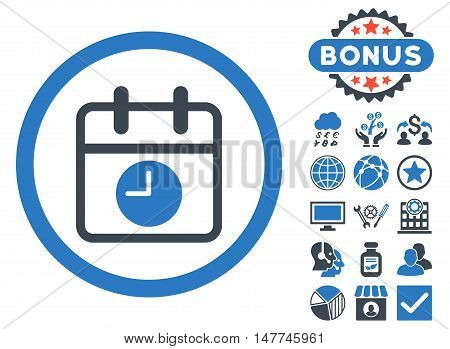 Date and Time icon with bonus pictogram. Vector illustration style is flat iconic bicolor symbols, smooth blue colors, white background.