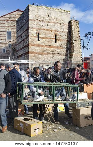 Istanbul Turkey - January 01 2015: Outdoor Bird Market in Istanbul. Topkapi Edirnekapi bird market every week on Saturdays and Sundays open market. Day 1000 - 1500 people are said to have visited the market. in many colors in the market many species are s
