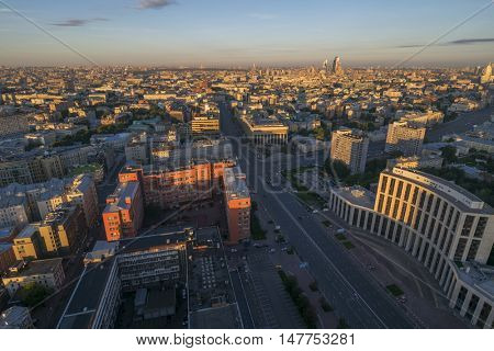 View from Business Center Domnikov to Sakharov avenue during sunrise in Moscow, Russia