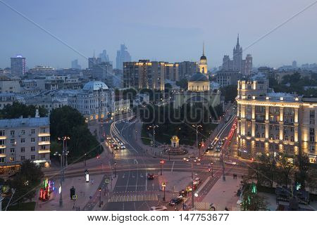 Church of Ascension of Lord near Nikitsky Gate at evening, view from ITAR-TASS building in Moscow