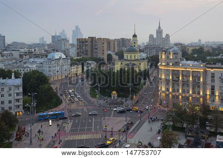 Church of Ascension of Lord near Nikitsky Gate in Moscow at evening, Russia, view from ITAR-TASS building
