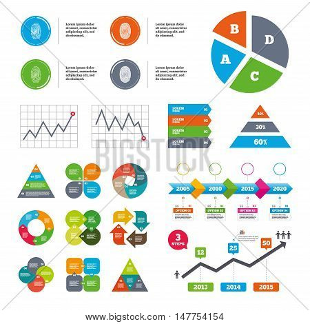 Data pie chart and graphs. Fingerprint icons. Identification or authentication symbols. Biometric human dabs signs. Presentations diagrams. Vector