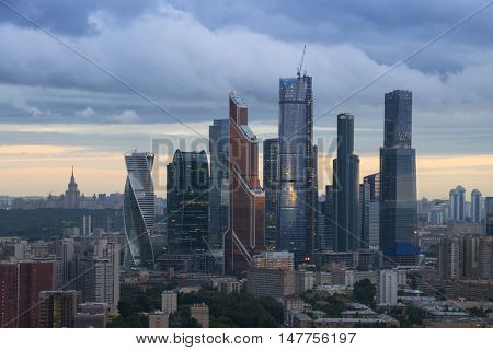 MOSCOW - JUL 8, 2016: Modern Moscow International Business Center during sunet. Investments in Moscow International Business Center was approximately 12 billion dollars