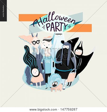 Treak or treat group of children, greeting card with lettering. Vector cartoon illustrated group of kids wearing Halloween costumes and a french bulldog, scared by something. Composition accompained