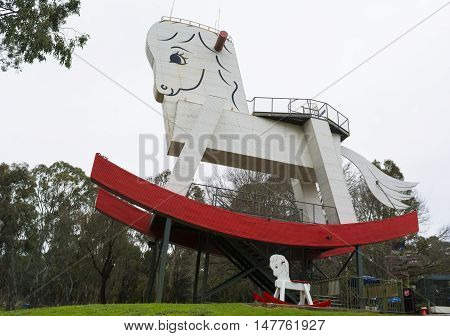Gumeracha, SA, Australia - September 10 2016: The Big Rocking Horse at The Toy Factory in the Adelaide Hills at Gumeracha South Australia.