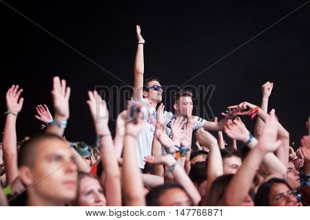 BUDVA- JULY 16 2015: CROWD IN FRONT OF THE MAIN STAGE AT SEA DANCE FESTIVAL 2015 MUSIC FESTIVAL JULY 16 2015 IN BUDVA JAZ BEACH MONTENEGRO