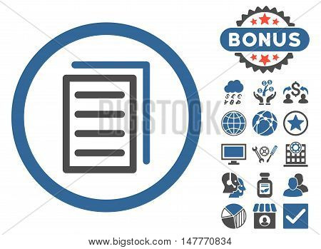 Copy Document icon with bonus pictogram. Vector illustration style is flat iconic bicolor symbols, cobalt and gray colors, white background.