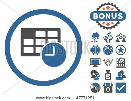Date and Time icon with bonus images. Vector illustration style is flat iconic bicolor symbols, cobalt and gray colors, white background.