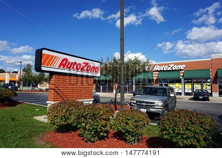 PLAINFIELD, ILLINOIS / UNITED STATES - SEPTEMBER 17, 2016: One may purchase automotive supplies and parts at the Auto Zone in Plainfield.