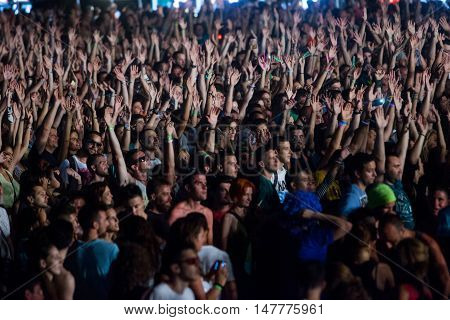 BUDVA- JULY 16 2015: CROWD IN FRONT OF THE MAIN STAGE AT SEA DANCE FESTIVAL 2015 MUSIC FESTIVAL JULY 16 2015 IN BUDVA JAZ BEACH MONTENEGRO
