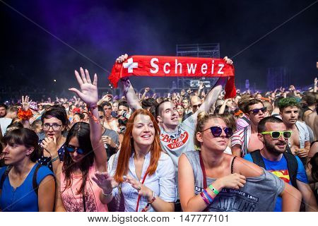 BUDVA- JULY 16 2015: CROWD IN FRONT OF THE MAIN STAGE AT SEA DANCE FESTIVAL 2015 MUSIC FESTIVAL JULY 16 2015 IN BUDVA JAZ BEACH MONTENEGRO