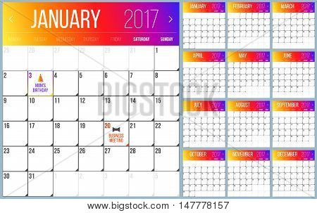 Calendar Planner for 2017 Year. Trendy gradient design. Set of 12 Months. Vector Design Template.