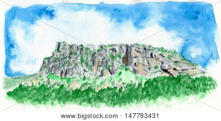 Hand drawn watercolor sketch of a mountain landscape France Devoluy illustration isolated on white
