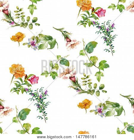 Watercolor painting of leaf and flowers seamless pattern on white background