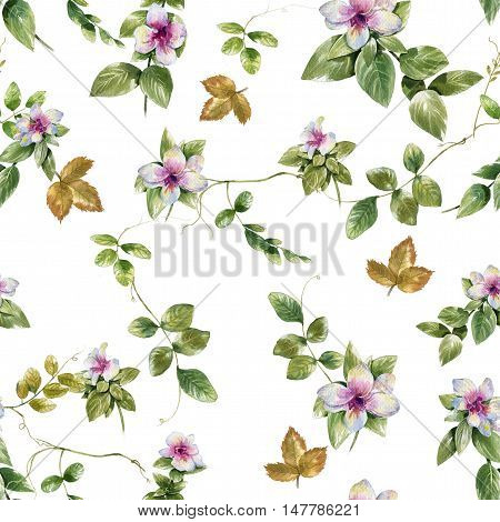 Watercolor painting of leaf and flowers seamless pattern on white background