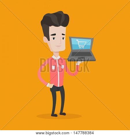 Young caucasian man using laptop for shopping online. Happy male customer holding laptop with shopping trolley on a screen. Man doing online shopping. Vector flat design illustration. Square layout.