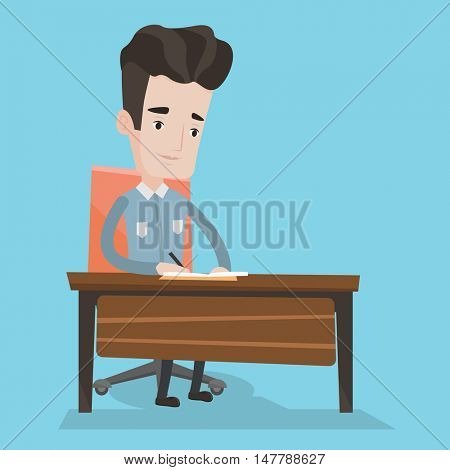 Young journalist sitting at the table and writing in notebook with pencil. Journalist writing notes with pencil. Caucasian man working at the table. Vector flat design illustration. Square layout.
