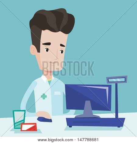 Smiling pharmacist in medical gown standing at the pharmacy counter. Male pharmacist in the drugstore. Young male pharmacist working on a computer. Vector flat design illustration. Square layout.