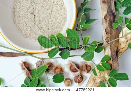 Moringa Leaf And Seed On White Background