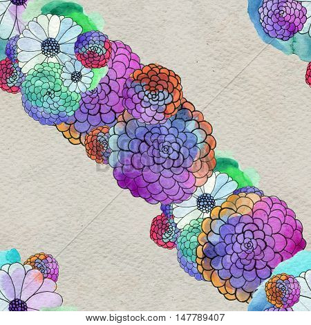 Seamless floral pattern with asters and daisy garlands of flowers. Floral watercolor background.