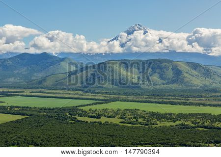 Fields of the Yelizovsky District in Kamchatka Peninsula. View from helicopter.