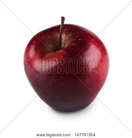 One ripe fresh bright purplish glossy red apple isolated on white background. Closeup image of sweet fruit, healthy natural organic food