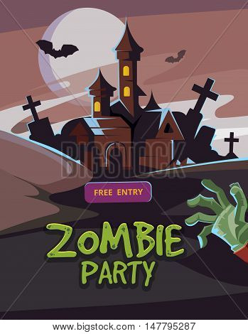 Zombie party vector illustration. Dead Man arm from the ground and dark castle. Invitation for halloween nigt