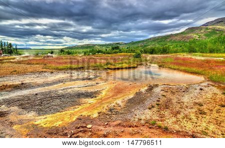 Geothermally active Haukadalur Valley in Southwest Iceland