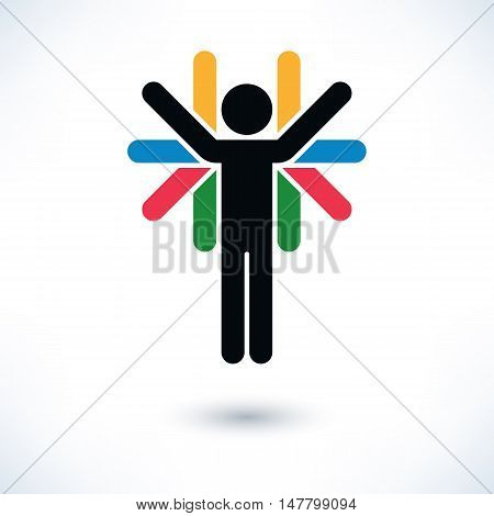 Logotype people color man figure with many hands in flat style. Simple silhouette sign with gray shadow isolated on white background. Graphic design elements in vector illustration 8 eps