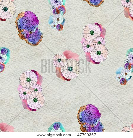Seamless floral pattern with asters and daisy flowers. Floral watercolor background.