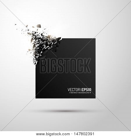 Black square with debris on white background. Abstract black explosion. Geometric background. Vector illustration
