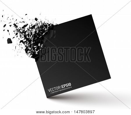 Black square with debris on white background. Abstract black explosion. Geometric background. Vector illustration