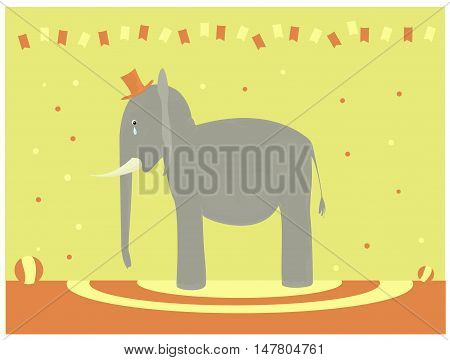 Sad circus elephant crying during circus performance. Vector  illustration.