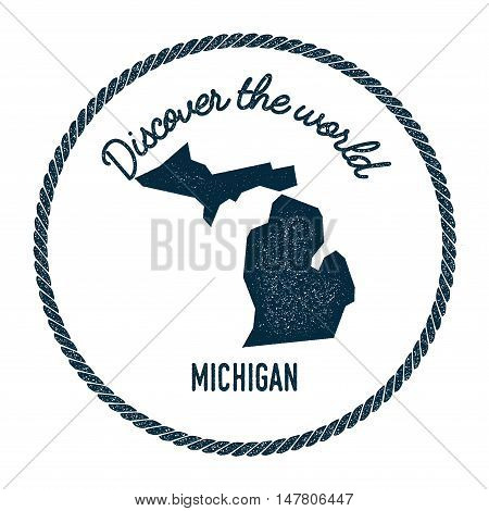 Michigan Map In Vintage Discover The World Rubber Stamp. Hipster Style Nautical Postage Stamp, With