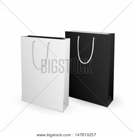 Empty white and black Shopping Bag for advertising and branding. Isolated on White Background. Mock Up Template Ready For Your Design. Product Packing Vector illustration.