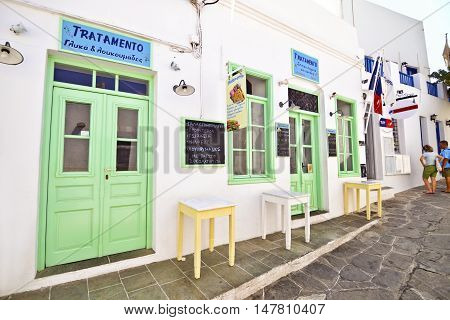 APOLLONIA SIFNOS GREECE, AUGUST 26 2016: famous shop with sweets and donuts at Sifnos island Cyclades Greece. Editorial use.