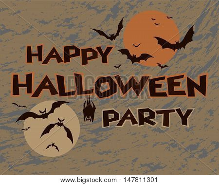 Halloween happy party design template. The moon and the sun stylized in the background. Silhouettes of bats. Stock vector illustration.