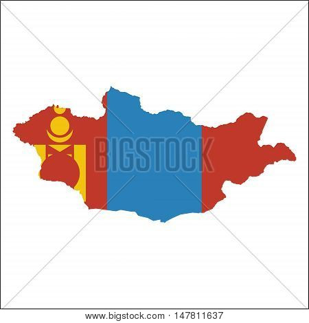 Mongolia High Resolution Map With National Flag. Flag Of The Country Overlaid On Detailed Outline Ma