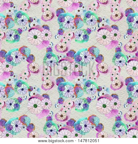 Seamless floral pattern with asters and daisy flowers. Floral watercolor background.