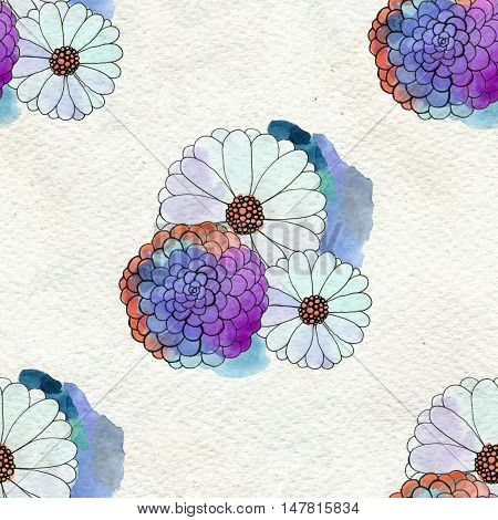 Seamless floral pattern with asters and daisy flowers. Floral watercolor background.